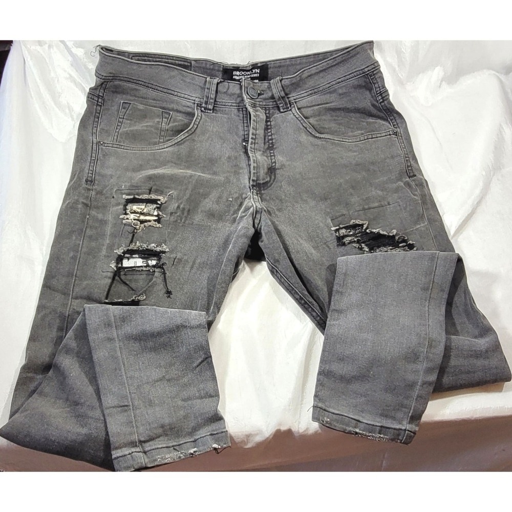 Brooklyn Men's Super Skinny Ripped Patched Streetwear Jeans -Black Sz 34, 30.5"